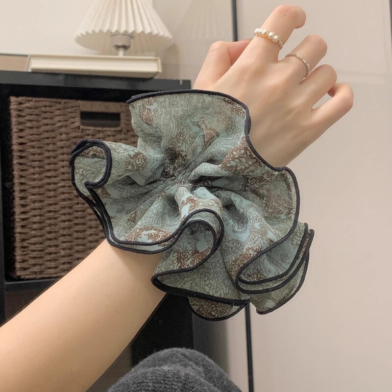 韩版四层小蛮腰褶皱复古印花大肠发圈女水墨花朵头绳气质马尾发绳|undefined