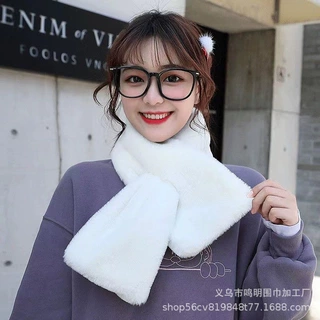 仿獭兔毛围巾女秋冬季学生百搭加厚保暖交叉围脖时尚休闲百搭