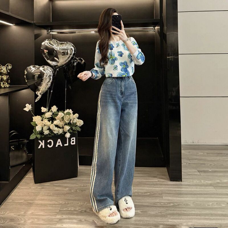 Fashion Casual Sports Suit for Women, Autumn and Winter Stylish Unique Beautiful Sweater Knitwear Denim Wide-Leg Pants Two-Piece Set