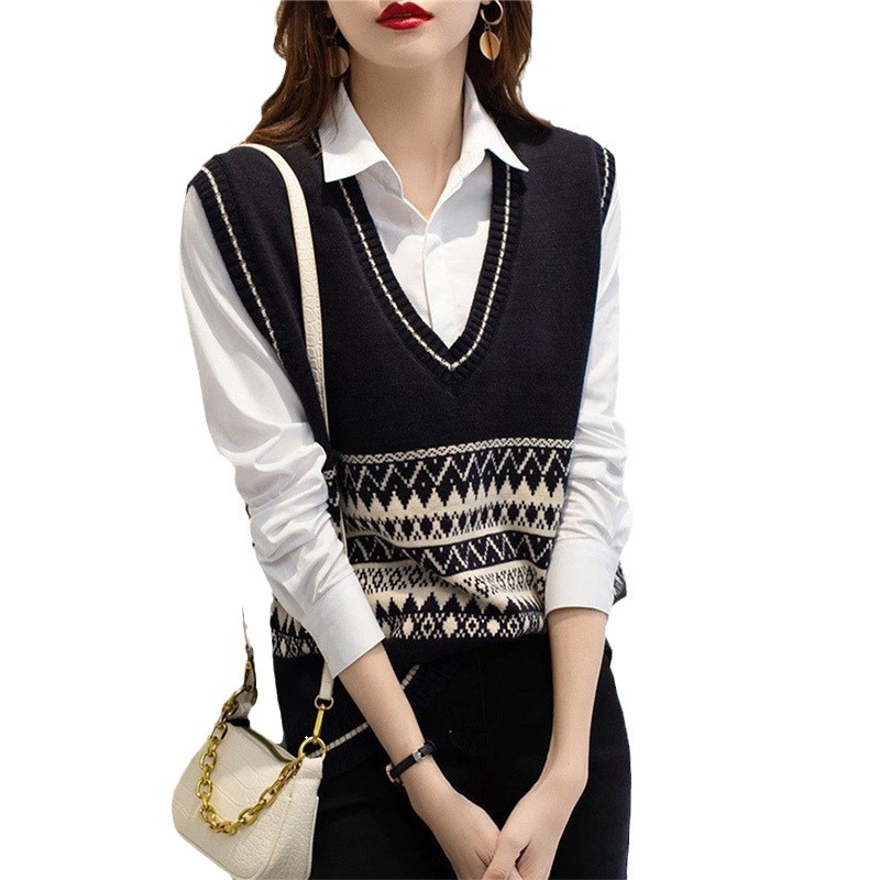 Estilo coreano color a juego Chaleco de punto jacquard chaleco Otoño e Invierno estilo occidental con cuello en V sin mangas interior y exterior desgaste chaleco suéter para las mujeres