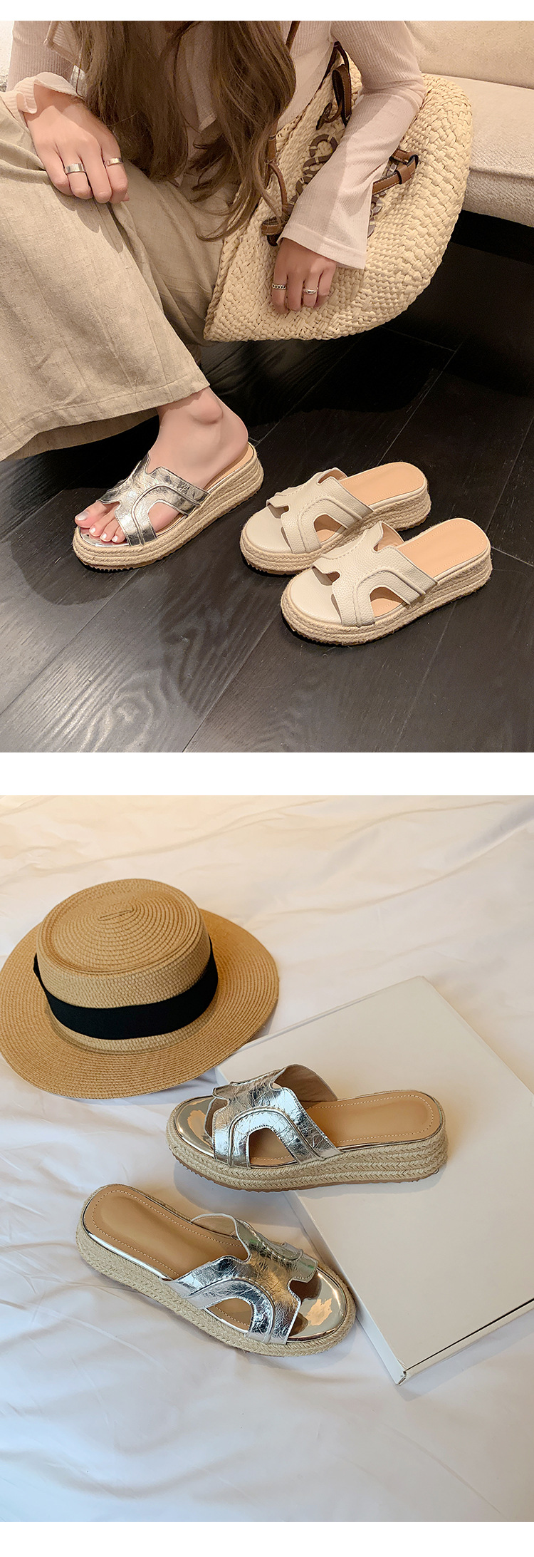 Dép sandal nữ quai chữ H đế đan rơm cao gót xuồng — màu trắng ngà, bạc chi tiết 12