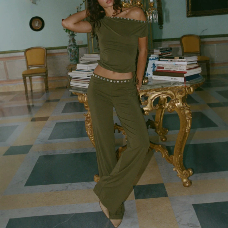 Cross-Border European and American New Style Amazon Women's Clothing: One-Shoulder Shell Button Embellished Short Top + High-Waisted Wide-Leg Pants Set Cross-Border European and American New Style Amazon Women's Clothing: One-Shoulder Shell Button Embellished Short Top + High-Waisted Wide-Leg Pants Set