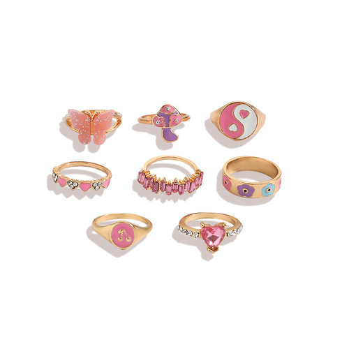 European and American fashionable personalized color oil drip ring Cherry flower love diamond mushroom butterfly ring set 8 pieces