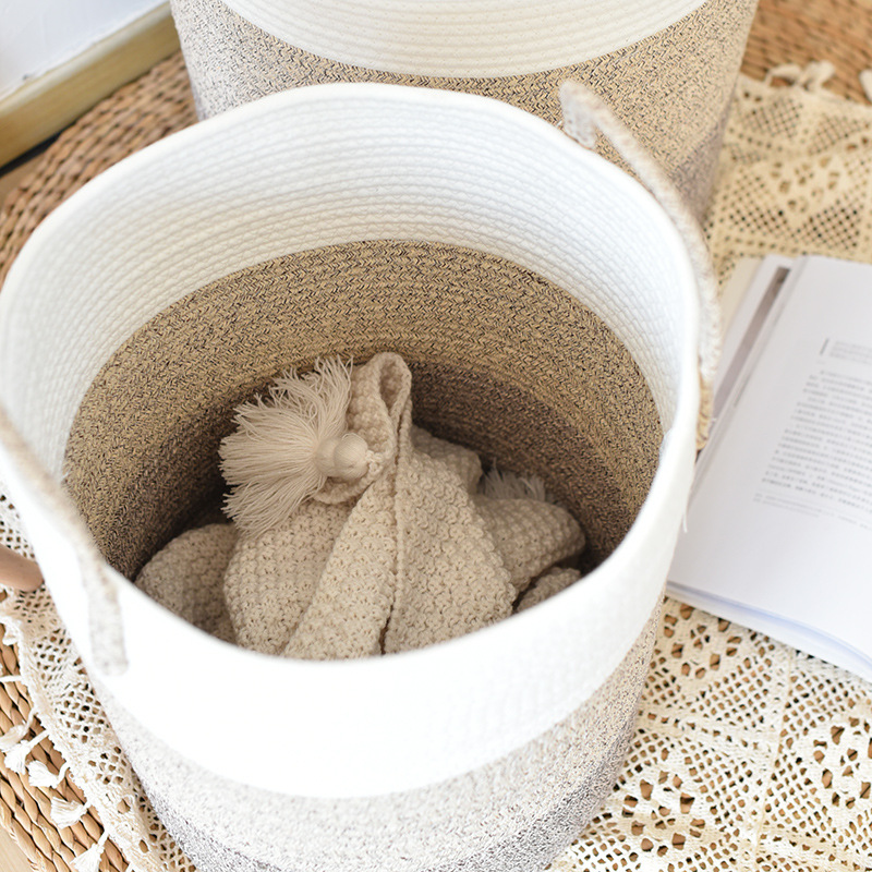 Cesta de almacenamiento tejida de cuerda de algodón simple a juego de colores Cesta de ropa sucia de gran capacidad Cesta de artículos diversos Cesta de almacenamiento de juguetes Cubo de almacenamiento de ropa sucia