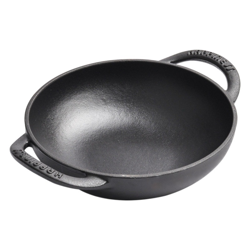 Pequeña Felicidad de hierro fundido 19CM de doble oreja pequeña wok sartén plana sartén antiadherente engrosada Mini sartén pequeña de hierro sin recubrimiento