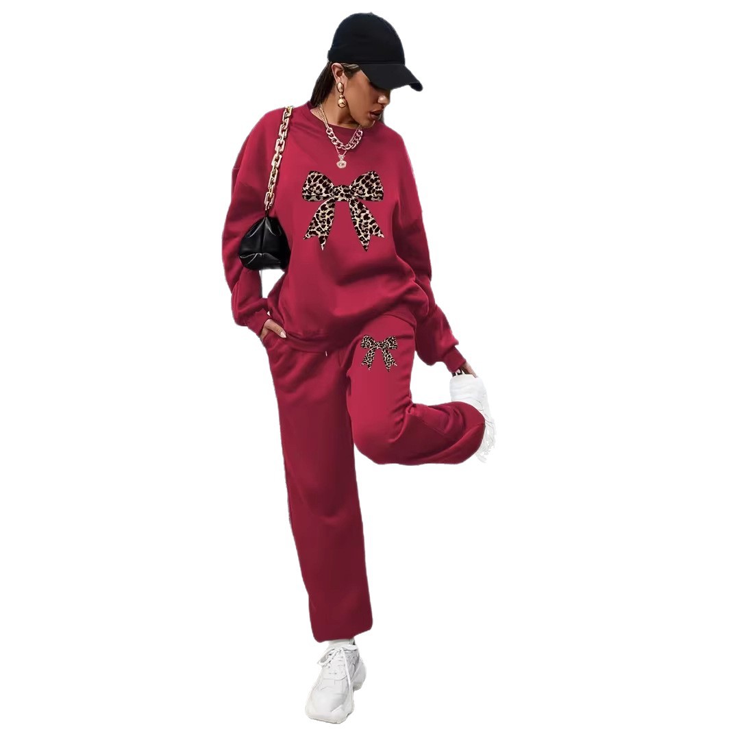 Women's Fleece Lined Sports Set Bow Print Casual Top Drawstring Jogging Pants Autumn Winter European American Style Print_ecoleips.com