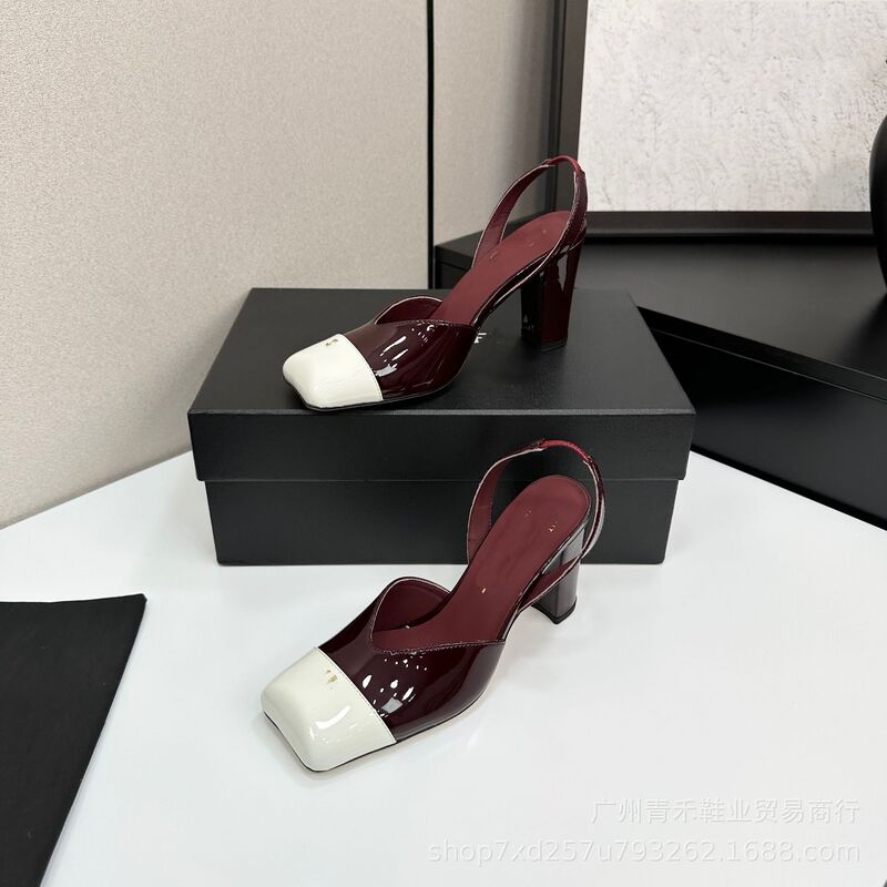 High-End 26 New Style Chanel-Inspired Square-Toe Color-Block Chunky Heel Simple Fashion Versatile Ankle Strap Closed-Toe High-Heeled Sandals