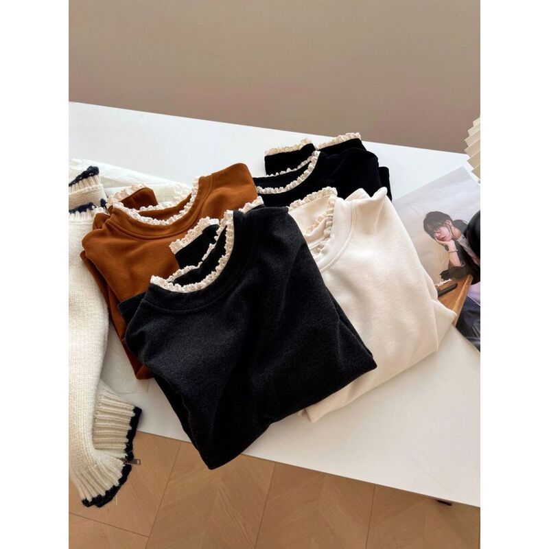 Outlet~ Clearance Bargain: Faux Two-Piece Lace Collar Thermal Long Sleeve T-Shirt for Women, Autumn/Winter Base Layer Top Outlet~ Clearance Bargain: Faux Two-Piece Lace Collar Thermal Long Sleeve T-Shirt for Women, Autumn/Winter Base Layer Top