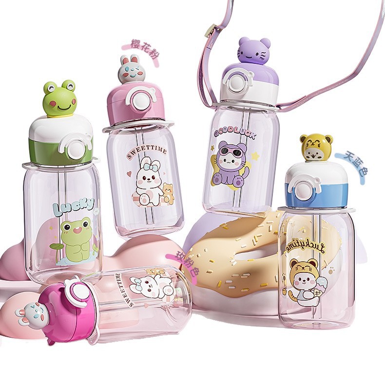 Tazas de plástico de gran capacidad de alta calidad de la cara para niños hervidor de agua de verano estudiantes lindos tazas de agua con cuerda taza de paja para mujeres