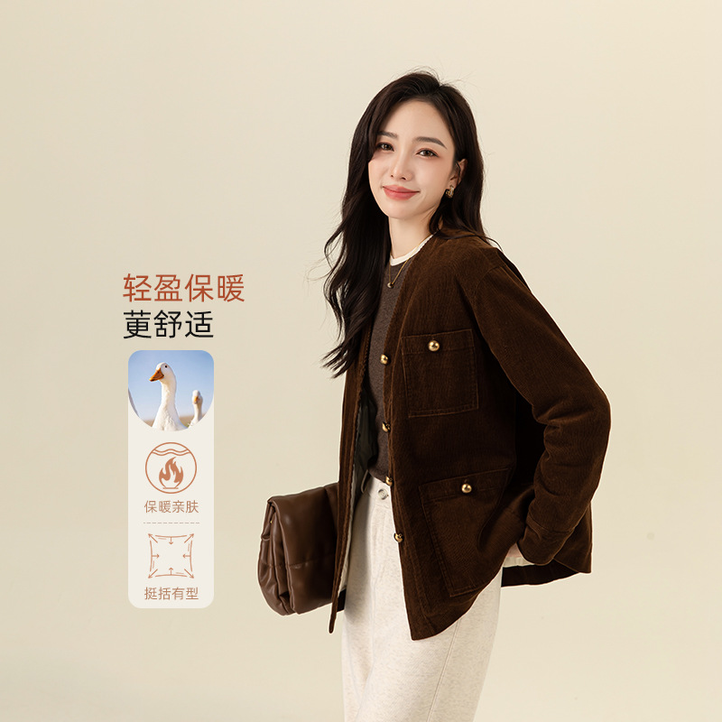Xinge Han Feng 레트로 하이 앤 센스 코듀로이 카디건 재킷 겨울 여성을위한 새로운 캐주얼 올 매치 다운 재킷
