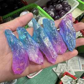 天然水晶原石长牙电镀蓝粉紫多色矿石标本香薰摆件挂饰批发