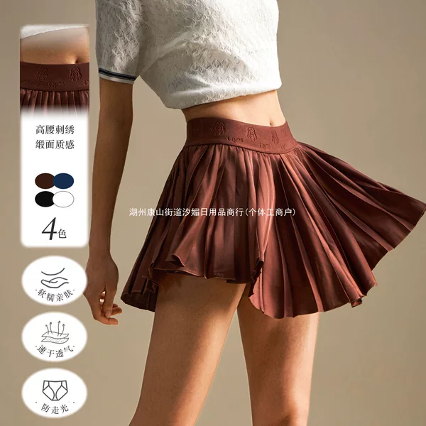 Anti-exposure retro satin tennis skirt for women, high-waisted pleated skirt-pants, golf sports skirt, women's tennis skirt