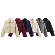 外贸跨境2024春秋季欧美气质休闲爆款女装 珠皮呢短款夹克外套