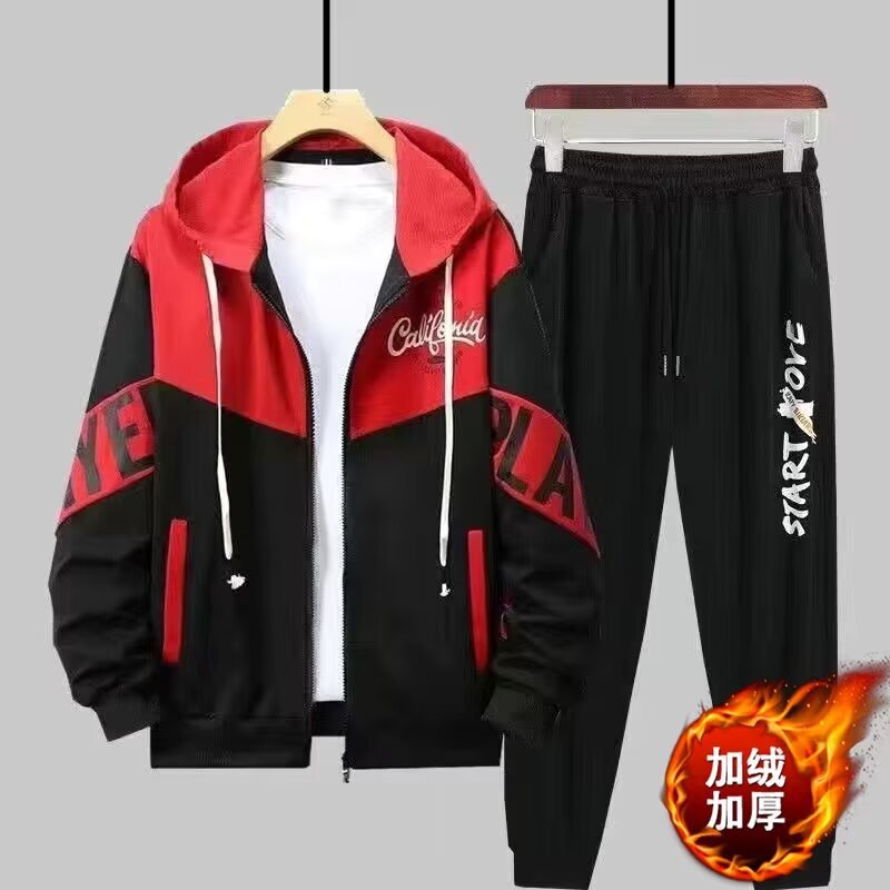 Hooded fleece-lined sweater suit men's youth autumn and winter trendy handsome casual baseball uniform student sports two-piece suit