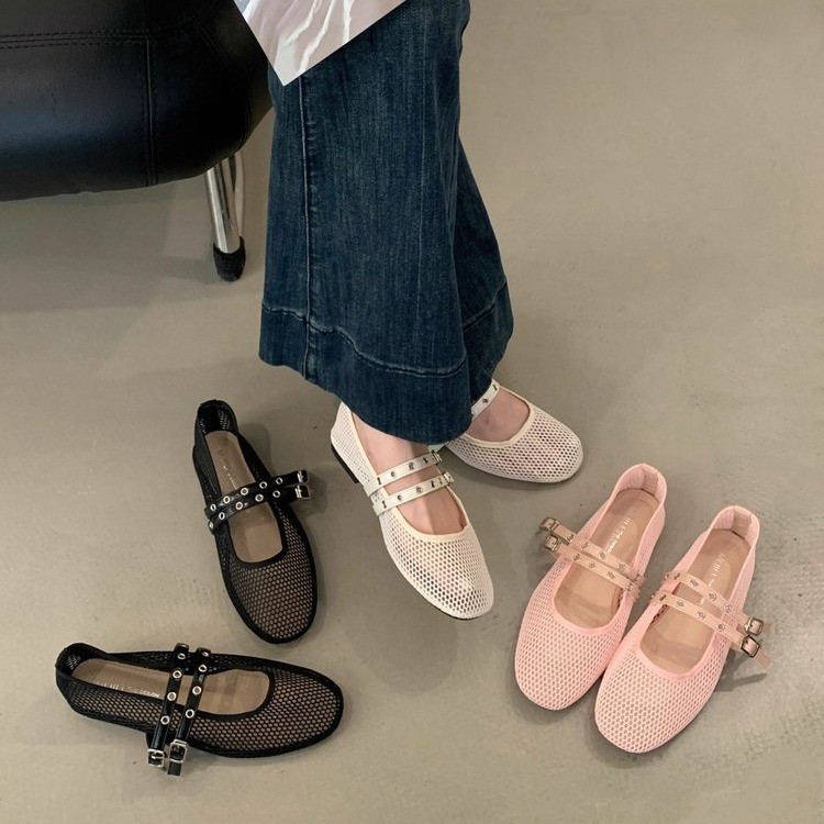 Foreign Trade Large Size Mary Jane Shoes Breathable Soft Sole with Double Buckle Mesh Single Shoes Women's Hollow Niche Ballet Shoes Cross-Border