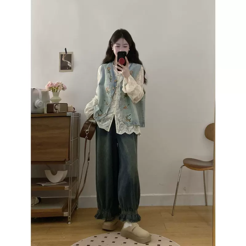 大码盐系穿搭套装女春季马甲休闲上衣胖MM显瘦牛仔半身裙子三件套