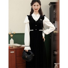 《套装》法式丝绒宫廷时尚连衣裙复古赫本风木耳衬衫秋冬两件套女