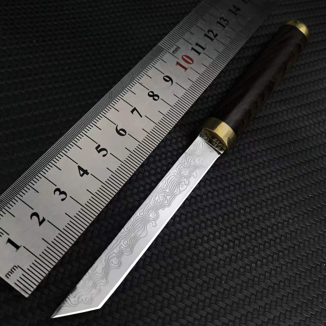 直播热销大马士革钢黑檀木迷你小刀户外锋利战术防身野营EDC直刀