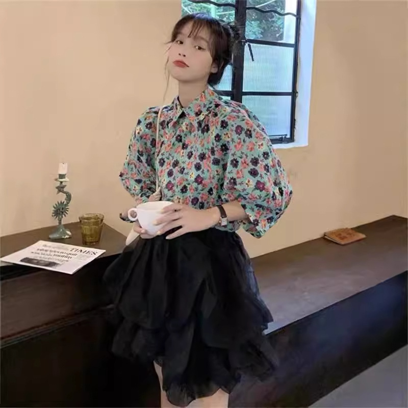 Chiffon Bubble Sleeve Cute Floral Short Sleeve Shirt Women's Summer Loose Design Sense Niche Polo Collar Shirt Top