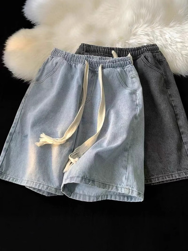 American light blue denim shorts, men's summer thin large size casual mid-length pants, straight loose fashion brand quarter pants
