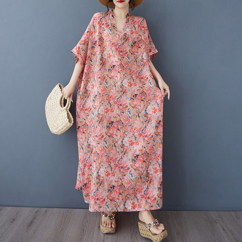 Plus Size Women's Summer V Neck Thin Cotton and Linen Extra Large Loose Artistic Holiday Style Beach Skirt Retro Flesh-Covering Long Robe Plus Size Women's Summer V Neck Thin Cotton and Linen Extra Large Loose Artistic Holiday Style Beach Skirt Retro Flesh-Covering Long Robe