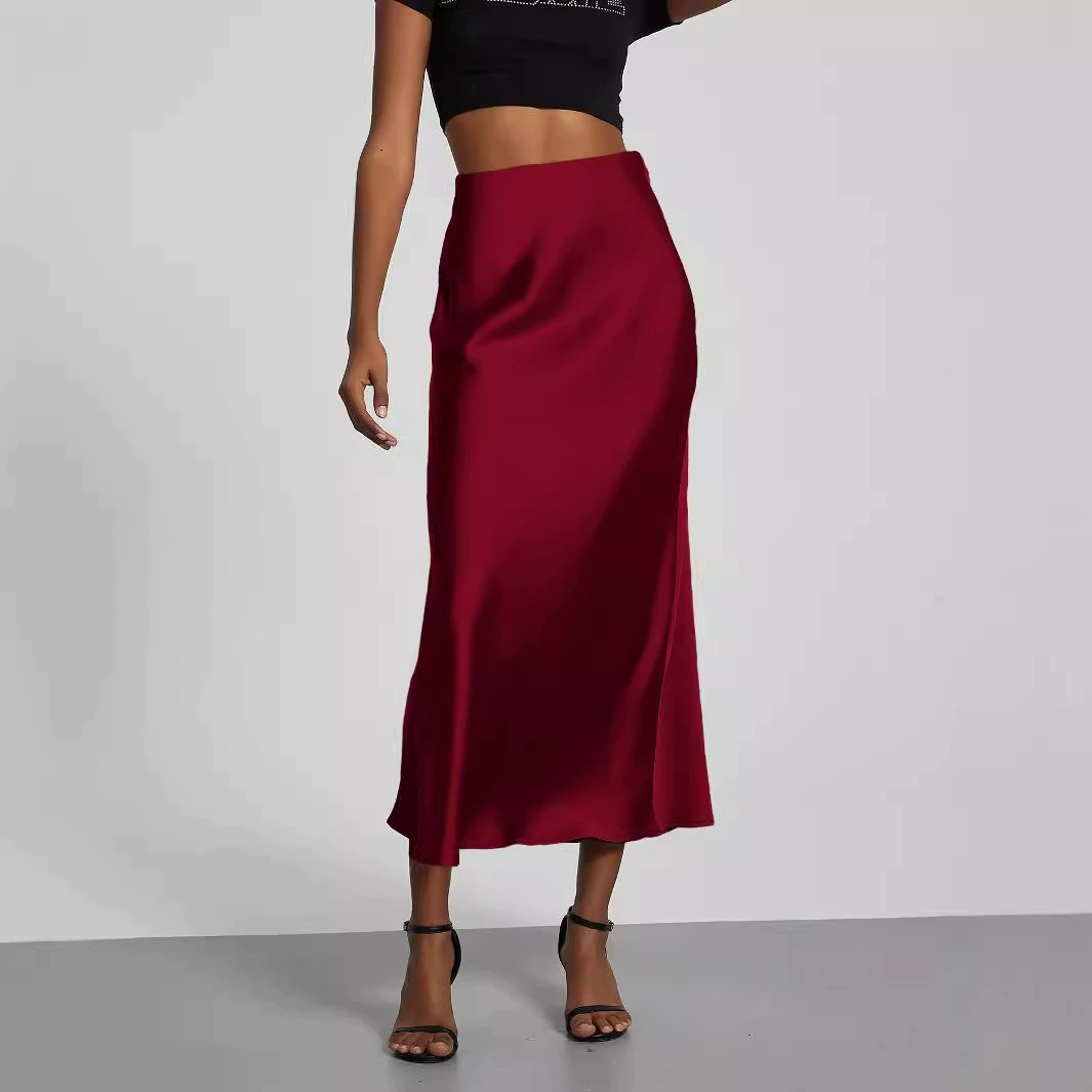 Трансграничная женская оптовая продажа в европейском и американском стиле моды темперамент атласная юбка с бюстом сплошной цвет глянцеа красное платье