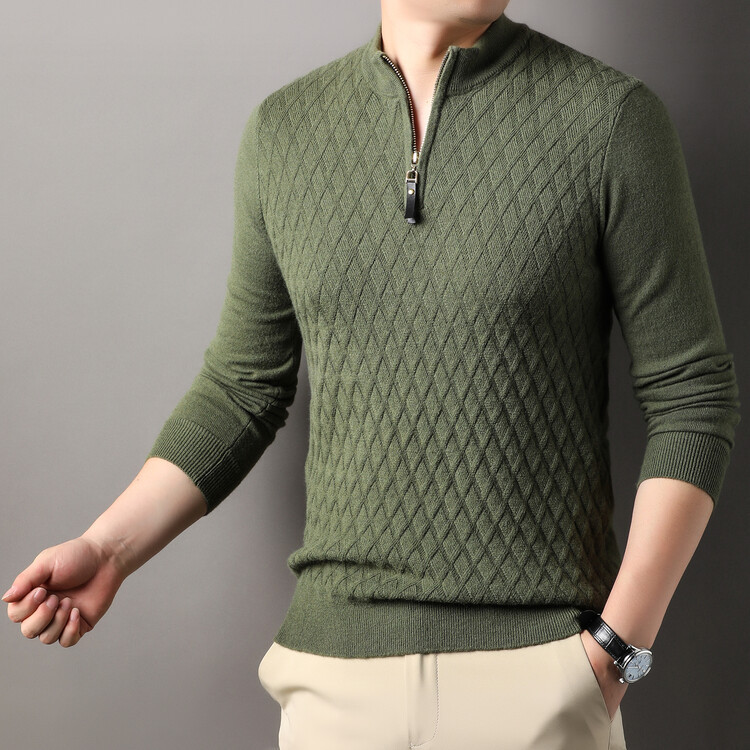 Camisas de punto Amazon primavera y otoño nuevos hombres de cuello medio alto con cremallera de manga larga de color sólido suéter de hombre