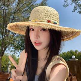 新款手工毛边沙滩帽女夏季海边度假防晒遮阳帽大头围爱心系带草帽