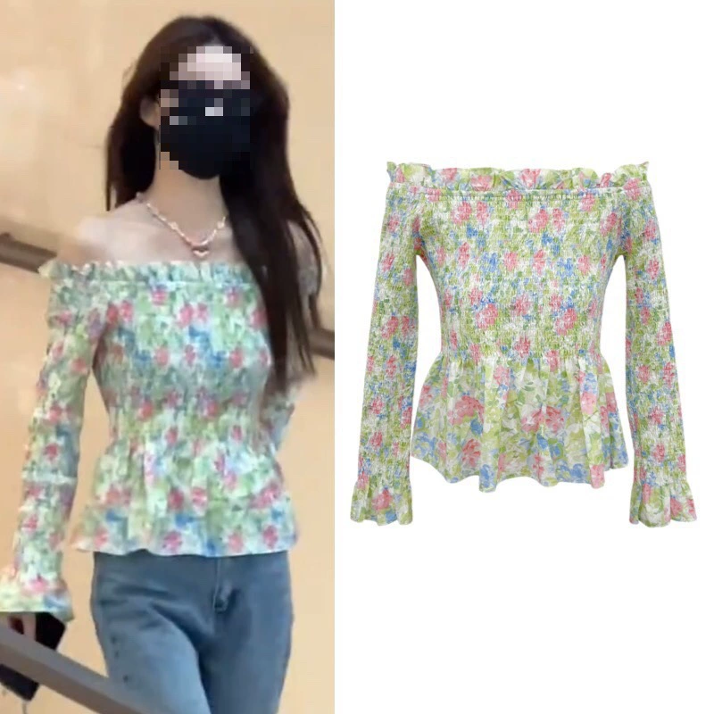В наличии Yu Shuxin такая же Сладкая уменьшающая возраст Сексуальная рубашка с открытыми плечами Женская Ранняя весна ниша Цветочная рубашка Топ