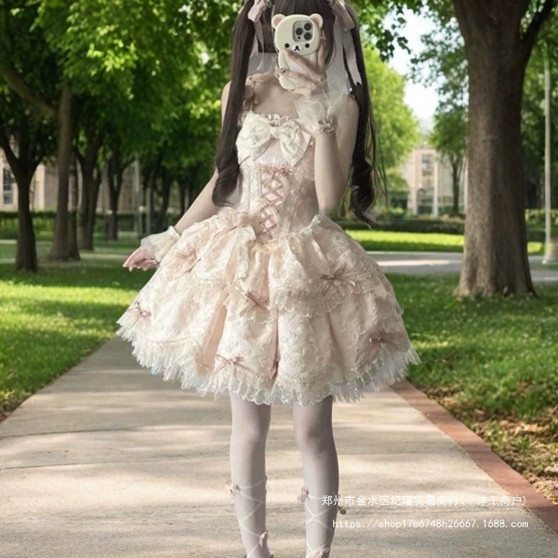Dress Lolita style, bows and roses, lace choker, pink ornate JSK, 1 kg