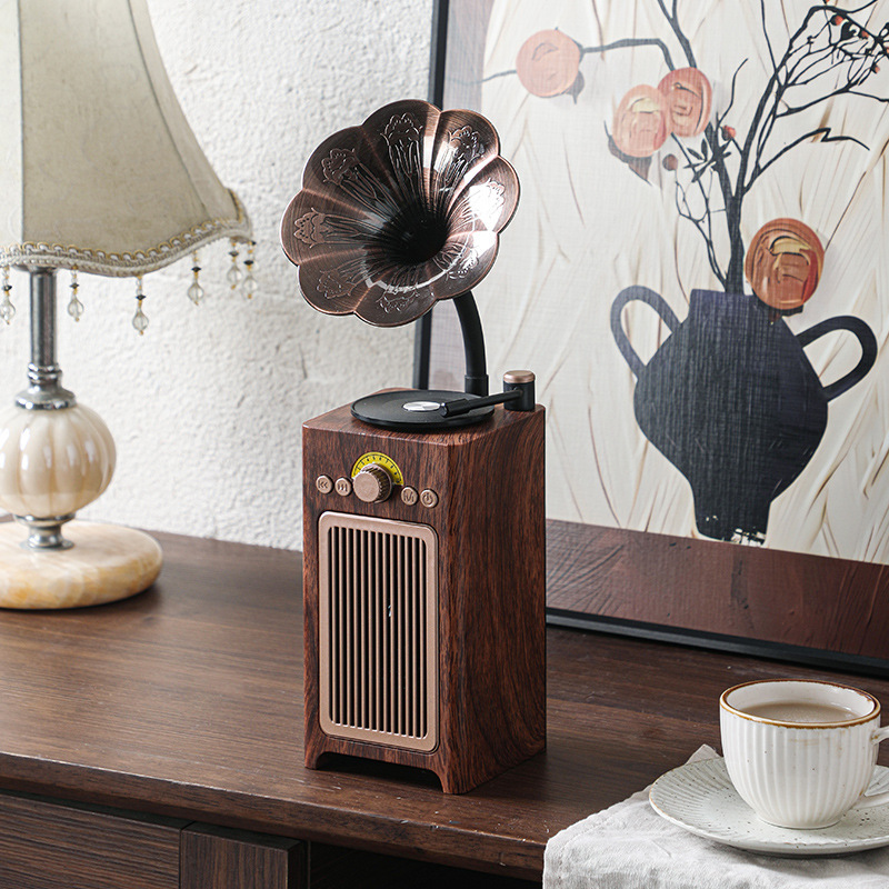 新しいレトロなトランペット花 Bluetooth スピーカーノスタルジックなクラシックホームラジオカードクリエイティブポータブル木目調オーディオ|undefined