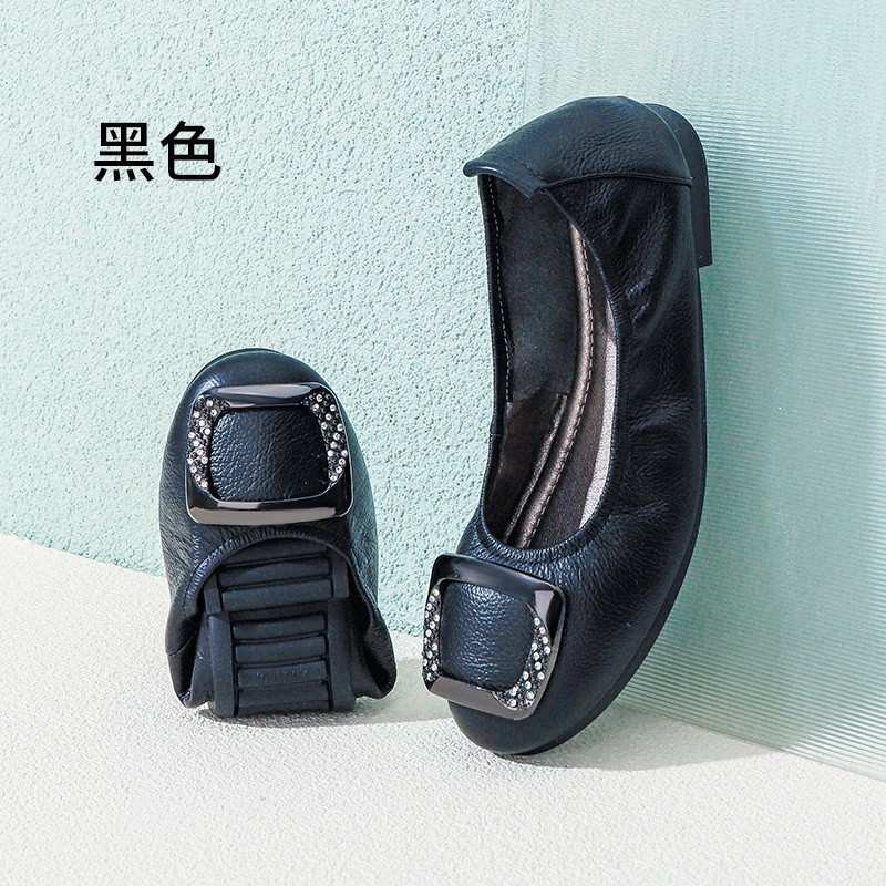 2025年春秋季软皮软底透气防滑豆豆鞋休闲百搭水钻方扣浅口妈妈鞋|undefined