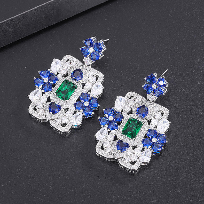Fashion Square Flower Brass Inlay Artificial Gemstones Drop Earrings 1 Pair