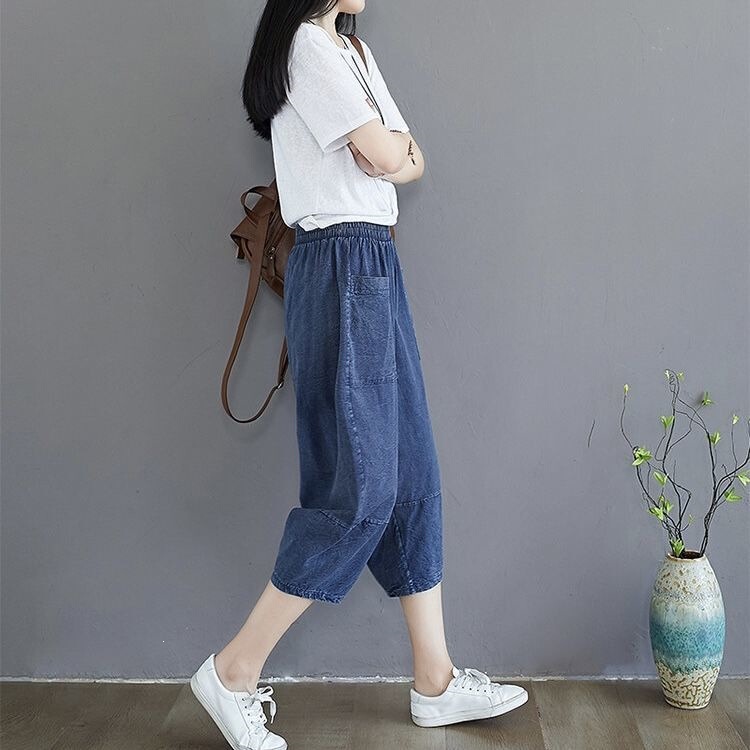 Women's Jeans 2026 New Summer Style Loose Plus-Size Slimming Elastic Waist Age-Reducing Cropped Harem Pants