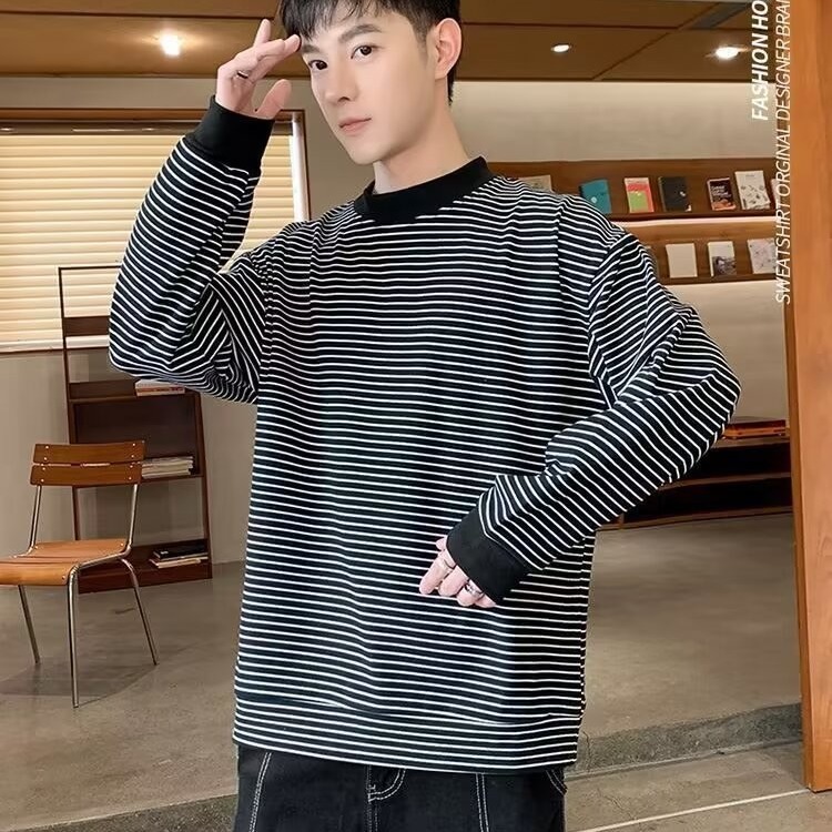 Boys Striped Long Sleeve Base Layer Shirt With Half High Collar_voghion.com