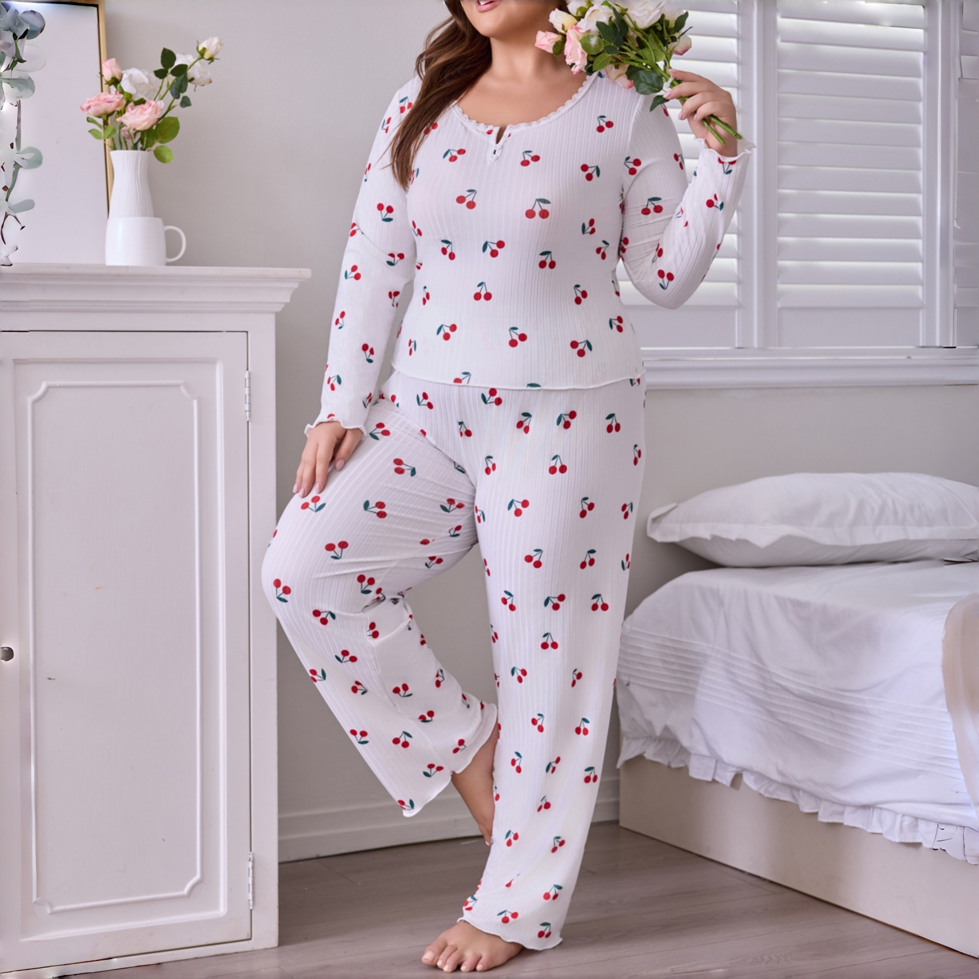 Damas otoño y invierno nuevo encaje transfronterizo europeo y americano de alta calidad de moda pantalones de mangas largas pijamas para el hogar conjunto de ropa para mujeres