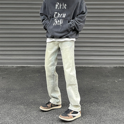 Fall European and American Vibe Streetwear American Retro Yellow Clay Distressed Straight Leg Micro Bell Bottom Pants for Men