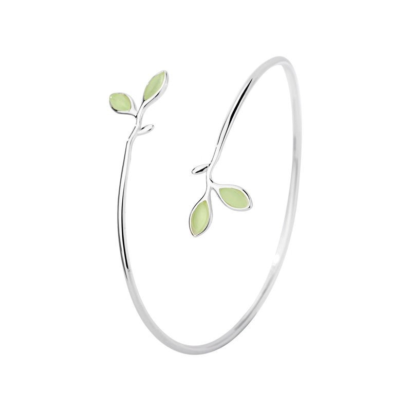 Brazalete de hojas de plata esterlina 925 piedra de ojo de gato japonés y coreano simple pulsera de estudiantes Mori abierta de pulsera universal ajustable