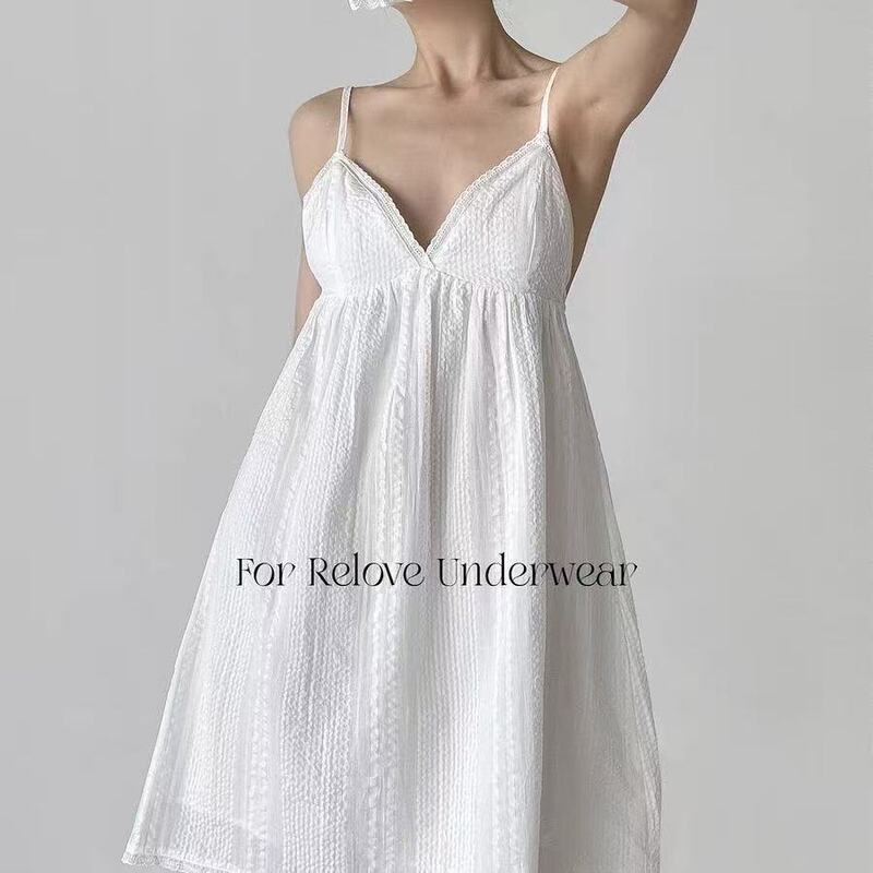 New Women's 100% Pure Cotton Camisole Summer Thin French-Style Sexy Camisole V-Neck Home Wear with Chest Pad Version Nightgown