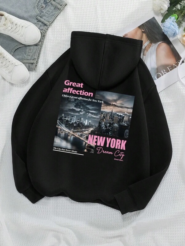 New York Dream City Printed Hoodie Casual Fashion Women's Pullover Sweatshirt with Pockets