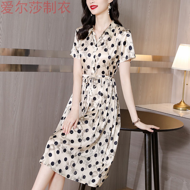 Quality-Guaranteed Silk Polka Dot Heavy Silk Summer New Style Slim-Fitting Elegant Dress Mid-Length Dress