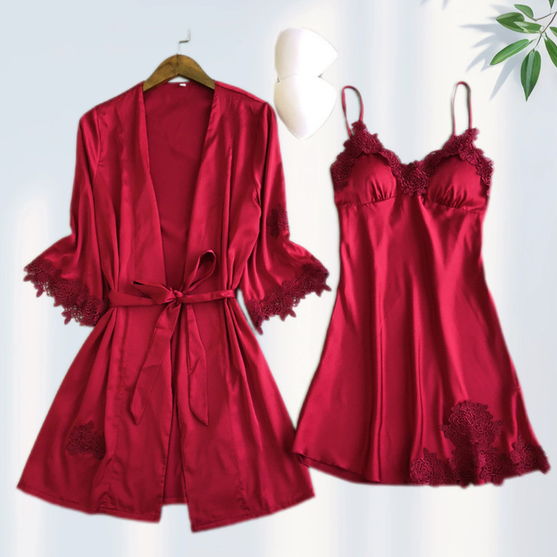 Sexy Suspender Nightgown, Home Clothes, Korean Style with Breast Pads, Spring and Summer Export Large Size Bathrobe, Women's Two-Piece Set, European and American