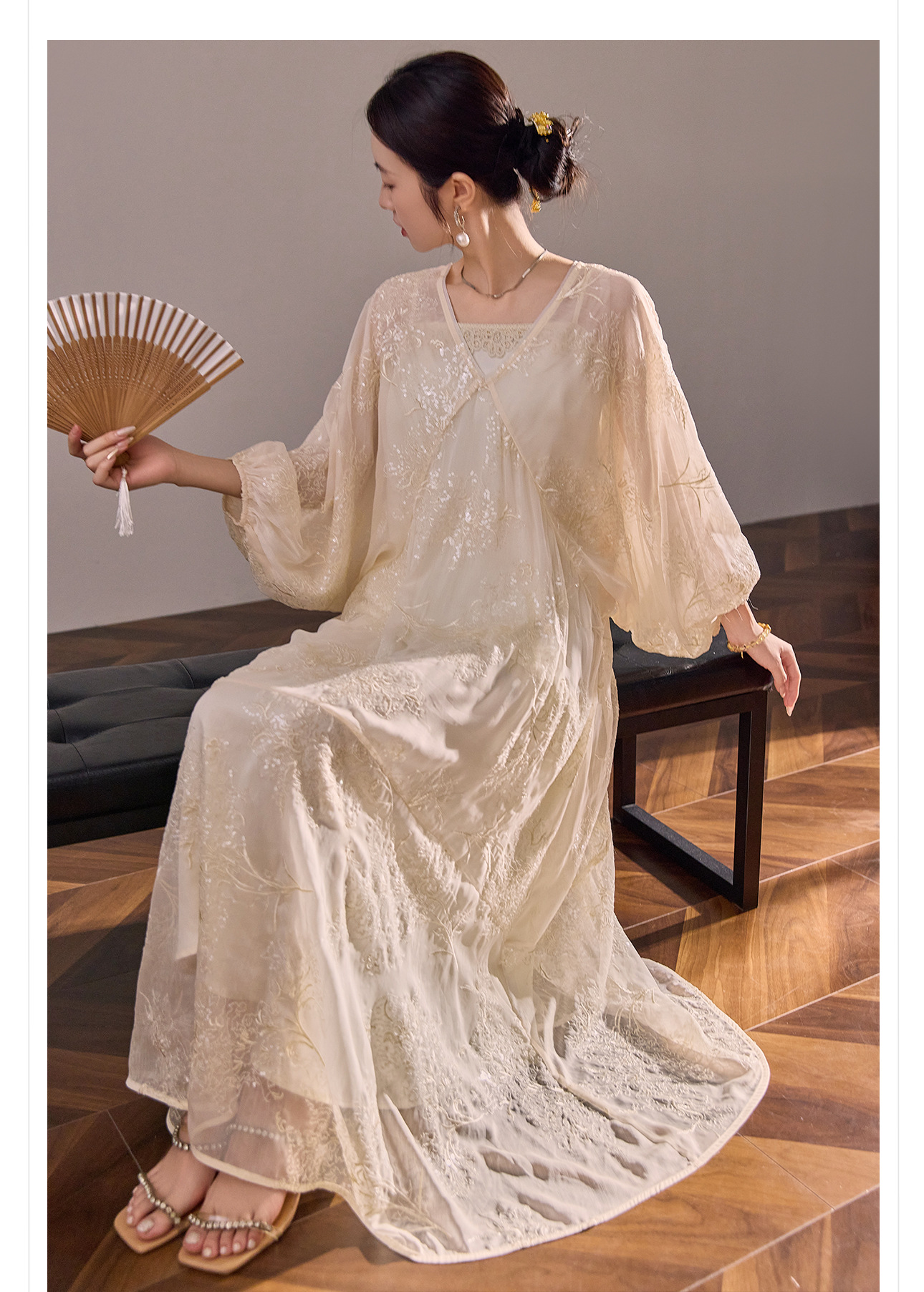 Đầm maxi nữ tay lồng cổ điển phong cách Trung Hoa mới, thiết kế thêu sang trọng — quả mơ chi tiết 7