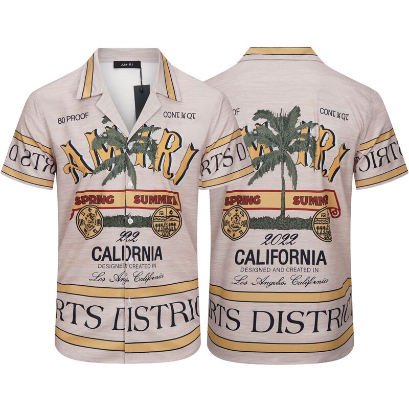 Cross-border Short-sleeved Men's Hawaiian Shirt Amiri Printed Shirt Beach Casual Loose Large Size Travel Holiday T-shirt