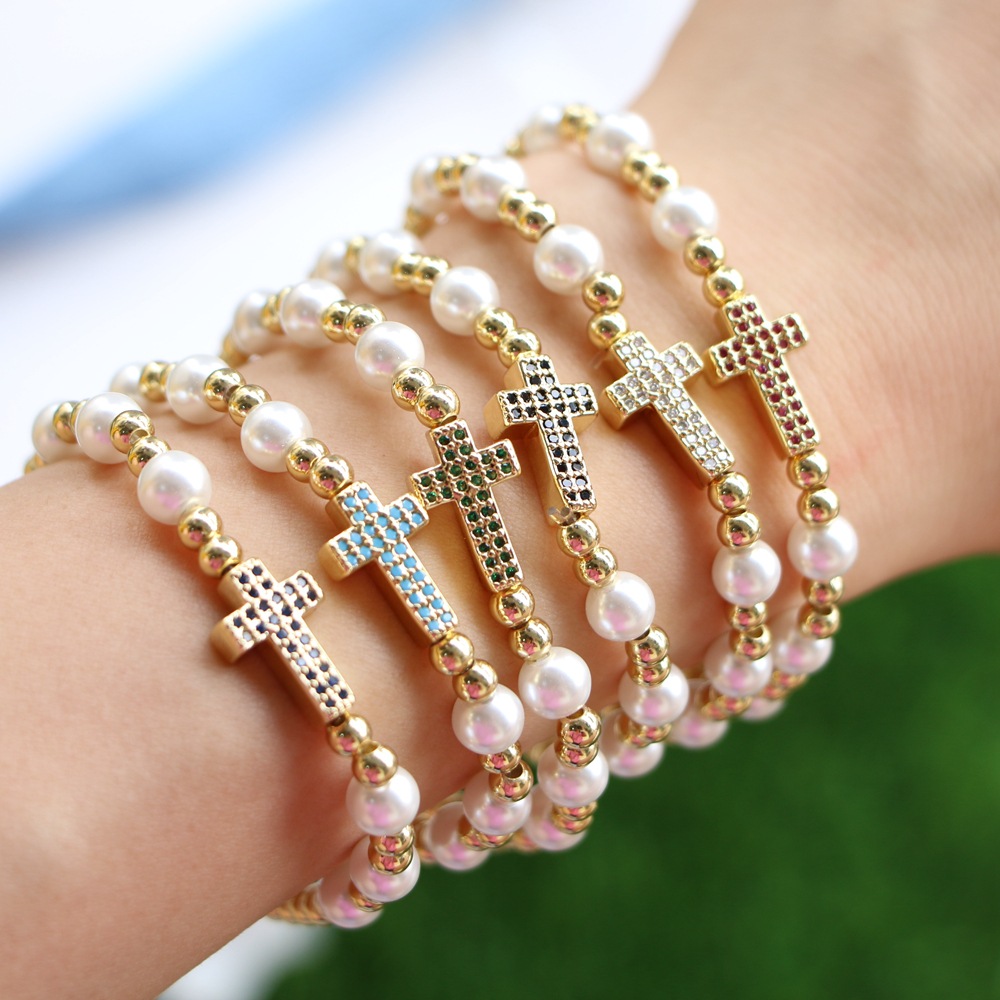 Fashion Cross Copper Bracelets Gold Plated Pearl Zircon Copper Bracelets