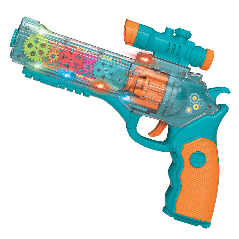 Pistola de juguete de engranaje giratorio transparente eléctrico transfronterizo para niños Pistola de juguete de música ligera colorida TikTok mismo estilo