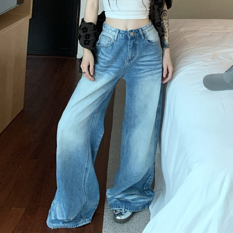Grab Pattern Design Washed White Jeans Women's Spring American Style Wide Leg plus size chubby girl Hip Covering Loose Straight Pants