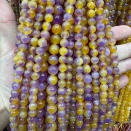 紫黄飘花玉髓diy圆珠子散珠手工串珠优化天然石饰品配件工厂直销