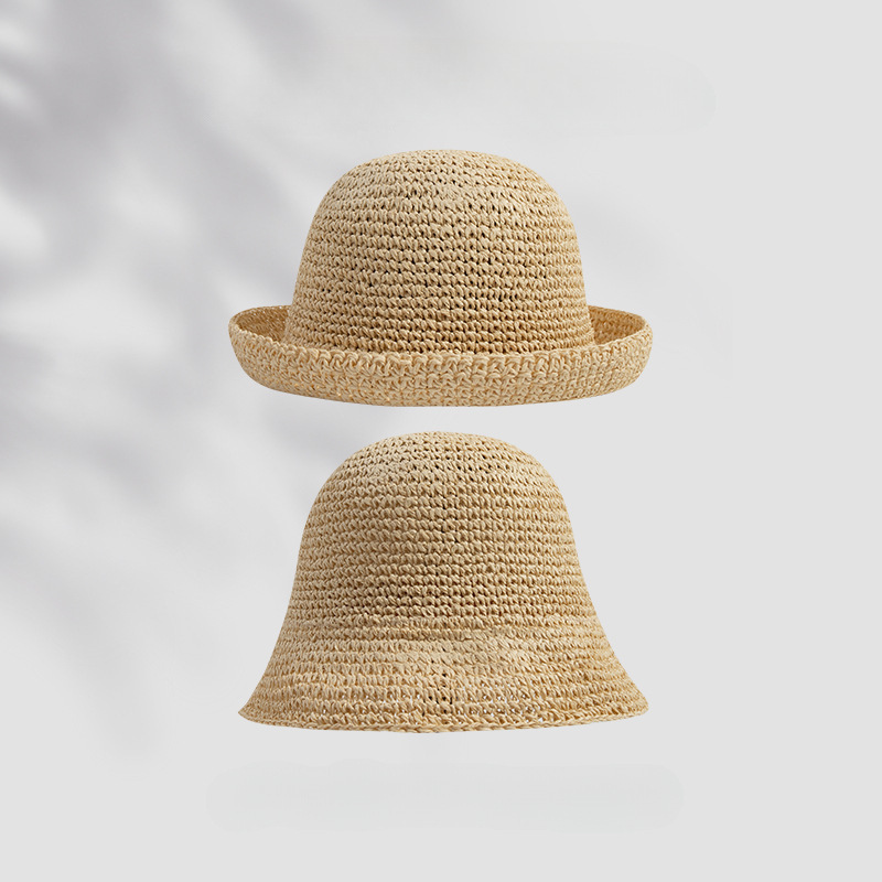 Hat Women's Summer Breathable Sunshade Straw Hat Handmade Woven Cool Hat Retro Curled Cute Sunscreen Fisherman Hat Basin Hat