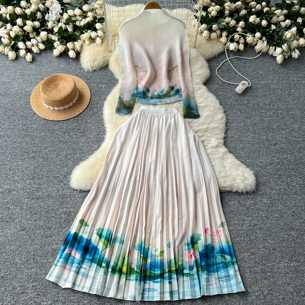 Women's Clothing celebrities elegant pleated print mid neck long sleeved tops for women high waist slim pleated skirt autumn set D_voghion.com